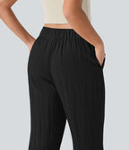 Pantalon baggy large casual effet lin taille basse avec cordon et poches