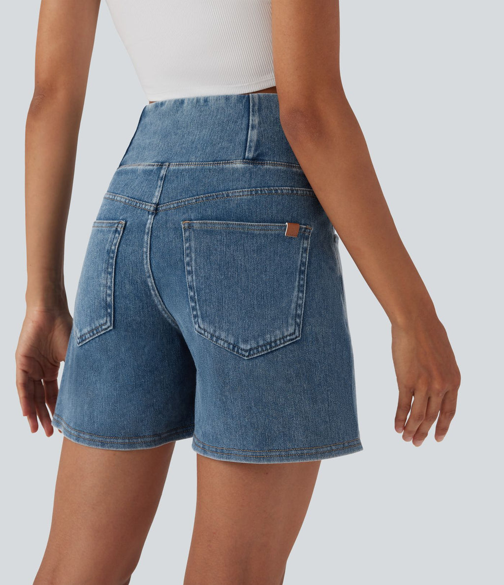 Halara Flex™ Short décontracté évasé à jambe large en denim extensible délavé taille haute croisée avec poches multiples