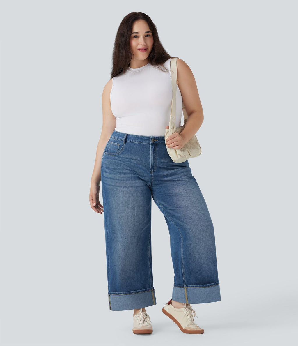 Jean casual grande taille Halara Flex™ tricot extensible délavé taille haute jambe large ourlet roulotté avec poches