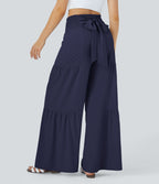 Breezeful™ Pantalon Large Casual Taille Haute Froncé à Nouer Devant et Dos Fluide Séchage Rapide