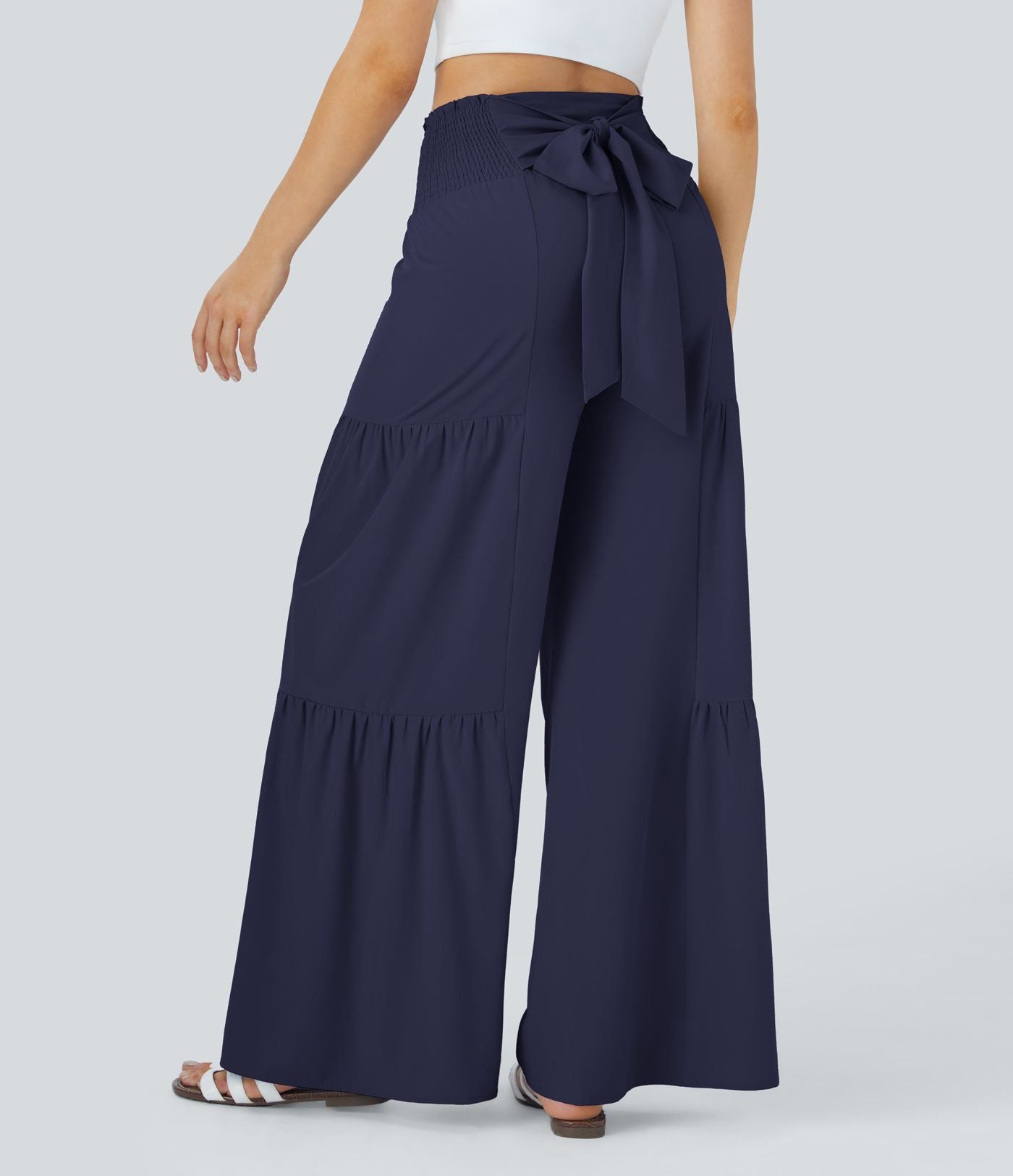 Breezeful™ Pantalon Large Casual Taille Haute Froncé à Nouer Devant et Dos Fluide Séchage Rapide