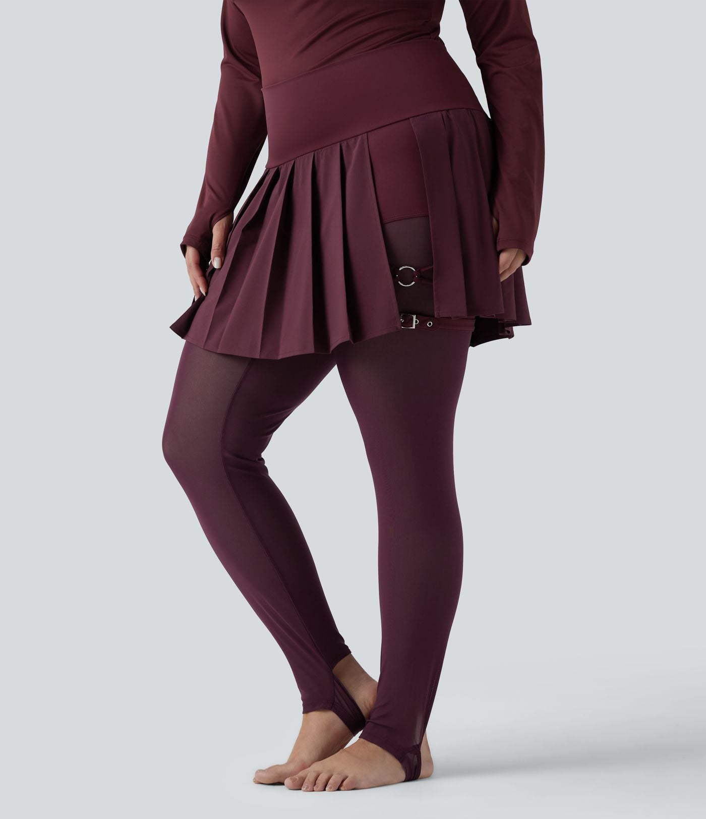 Legging-jupe grande taille à étriers de danse avec mesh contrastant plissé taille haute séchage rapide Breezeful™ et poches