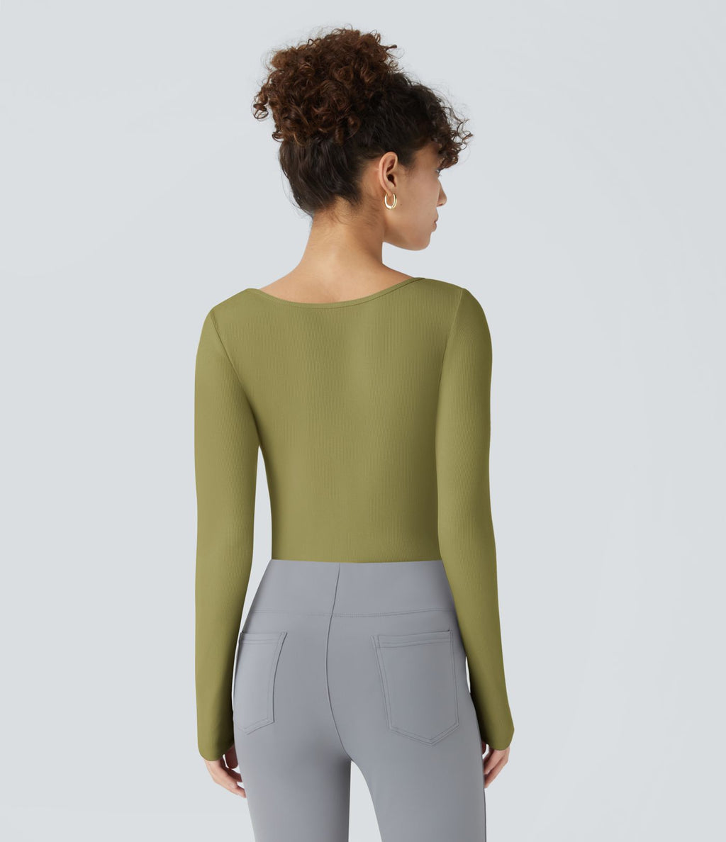 Bodysuit de Travail Tricot Côtelé Col Carré Manches Longues Boutonné Silhouette Élancée