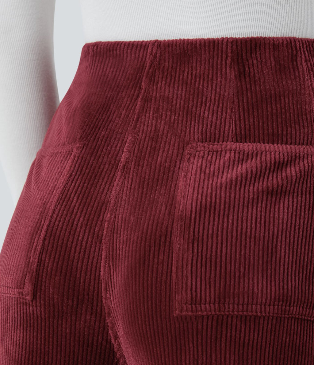 Pantalon de palazzo décontracté en velours côtelé taille haute à plis avec poches multiples