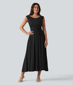 Robe midi casual fluide côtelée gainante à épaules dénudées