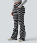 Pantalon évasé décontracté taille haute gainant à rayures en tissu gaufré avec cordon de serrage et poches