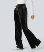 Pantalon décontracté large en velours, taille haute, avec cordon et poches
