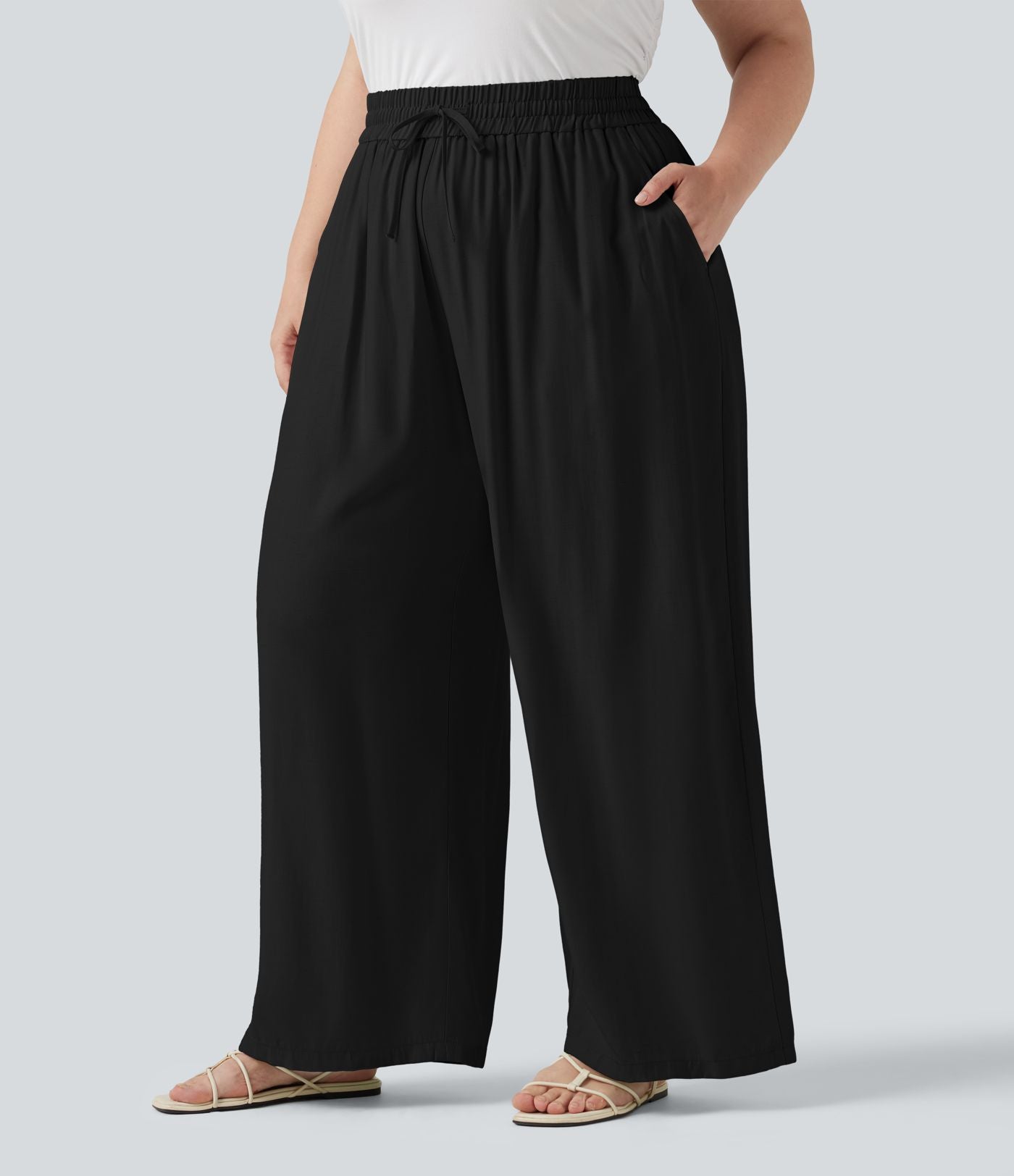 Pantalon large grande taille taille haute avec cordon de serrage et poches