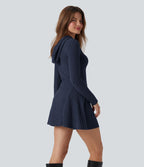Robe décontractée mini à capuche maille côtelée manches longues avec cordon de serrage