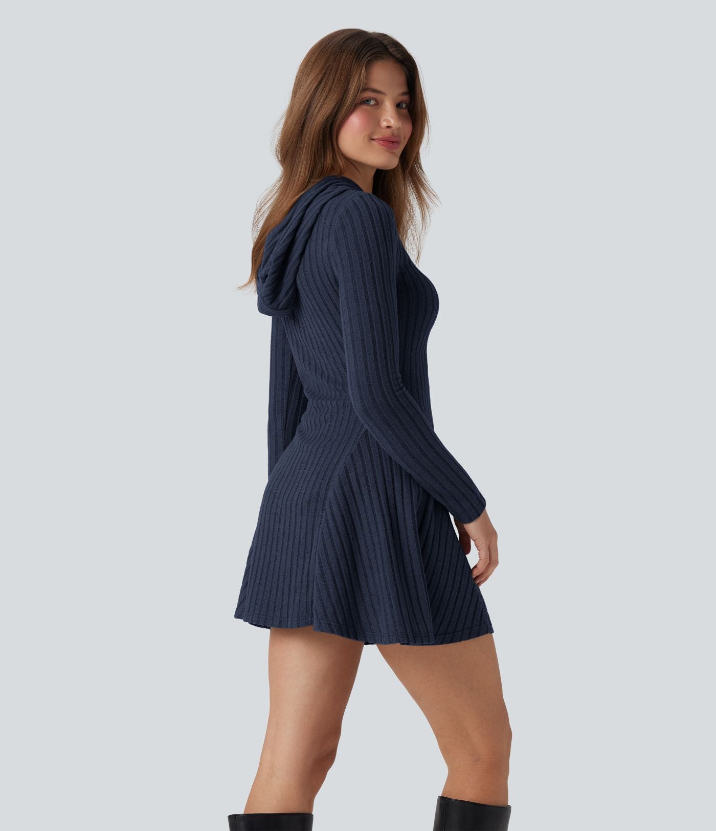 Robe décontractée mini à capuche maille côtelée manches longues avec cordon de serrage