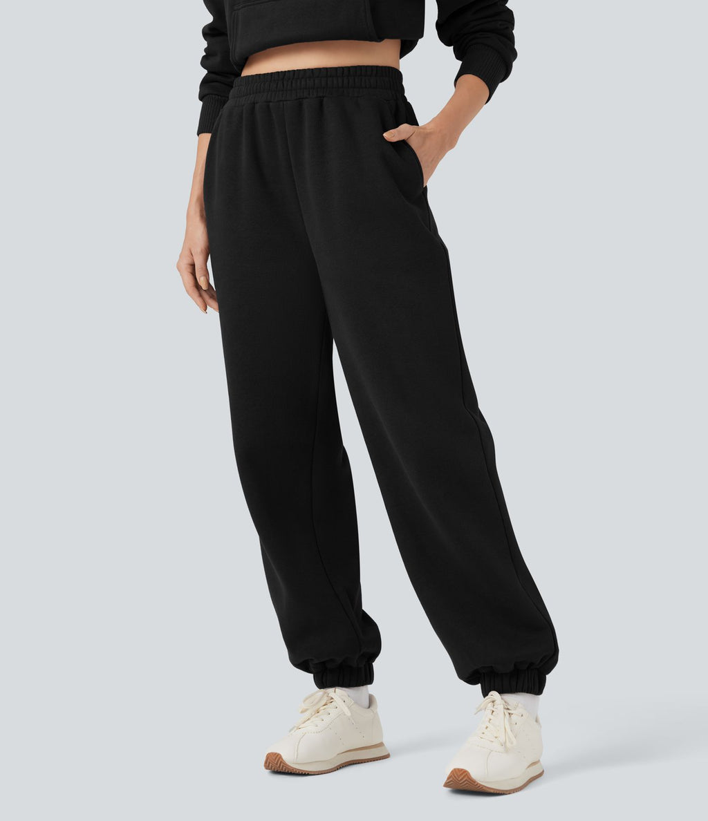 Jogging molleton taille haute repliable avec cordon de serrage et poches