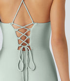 Robe Soirée Midi Encolure Côtelée Dos Nu Lacets Croisés Fendue