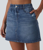 Jupe décontractée taille haute en denim imprimé, molleton français, avec poches