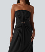 Robe longue casual bustier froncée avec brassière intégrée et poches