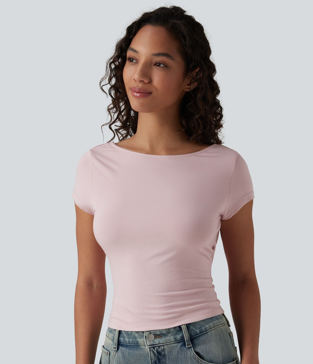T-shirt décontracté col bateau manches courtes dos drapé