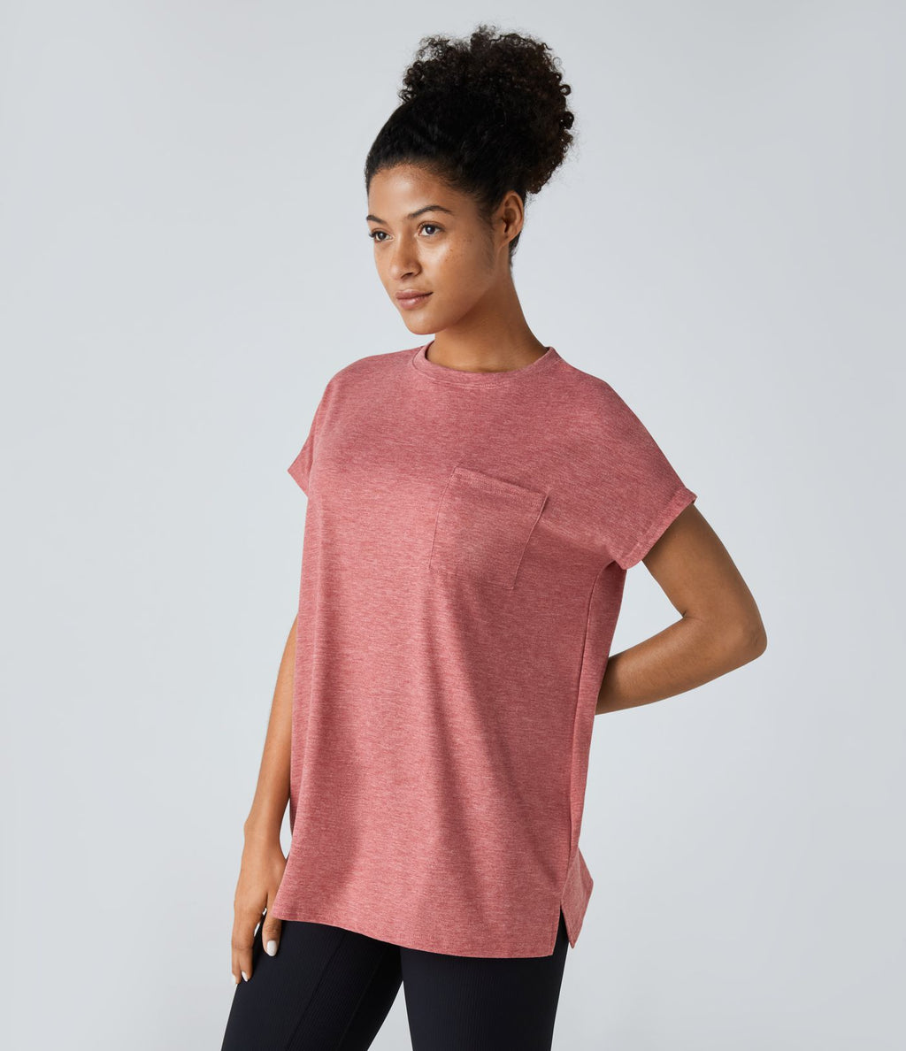 T-shirt Casual Relax à Col Rond Poche Poitrine Ourlet Fendu