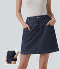 Jupe mini évasée casual 2-en-1 aspect denim taille haute avec poches