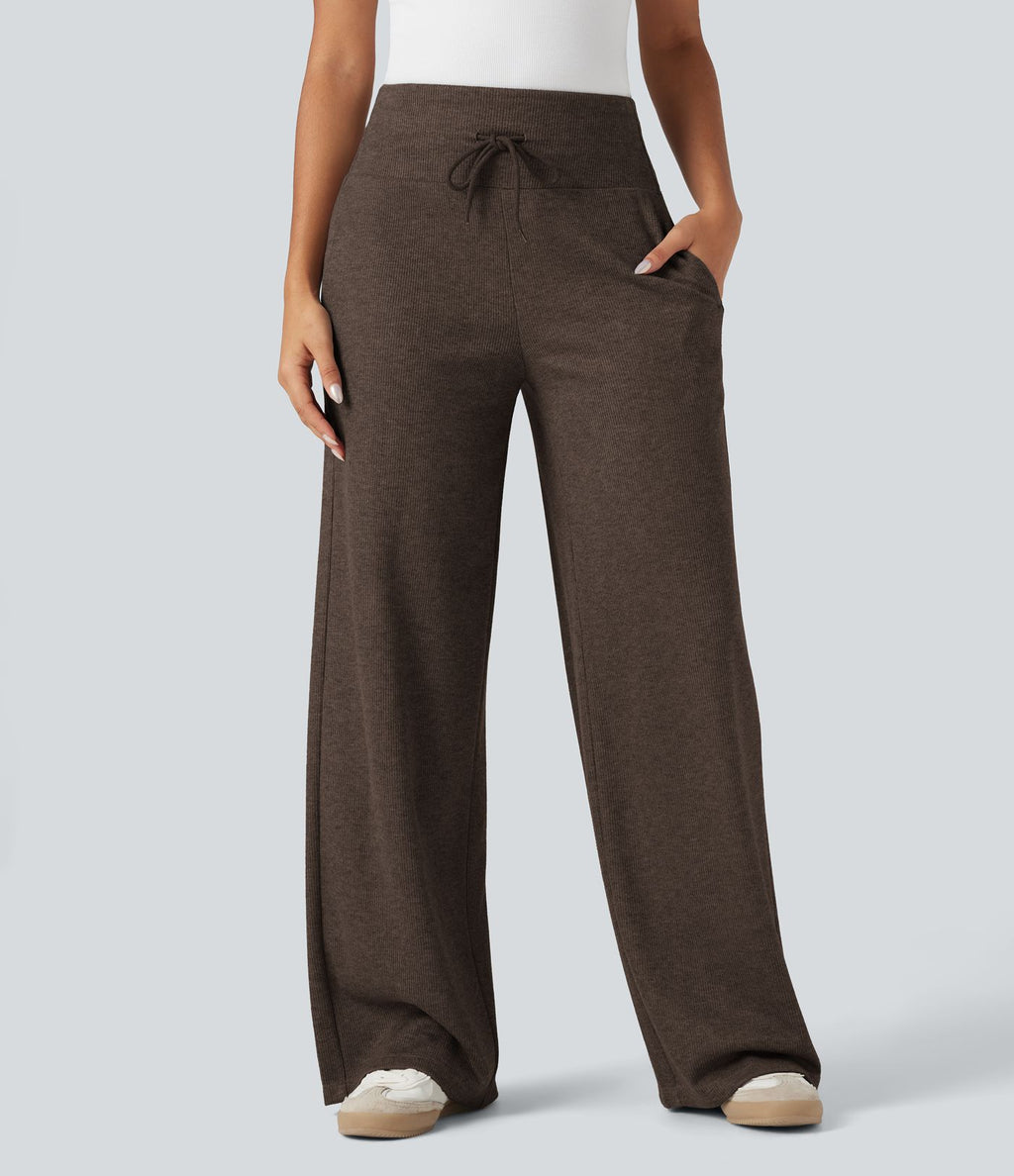 Pantalon jogging large décontracté côtelé gainant taille haute avec cordon de serrage et poches