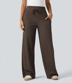 Pantalon jogging large décontracté côtelé gainant taille haute avec cordon de serrage et poches