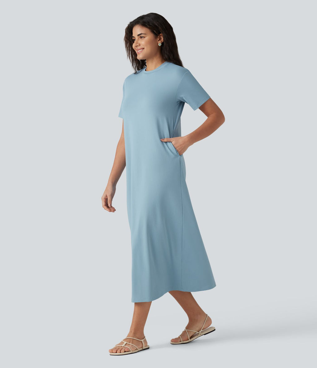 Robe midi décontractée à col rond, manches courtes et poches