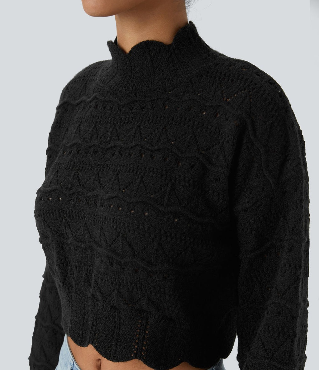 Pull décontracté à col montant, manches évêque, ourlet festonné et maille ajourée