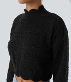 Pull décontracté à col montant, manches évêque, ourlet festonné et maille ajourée