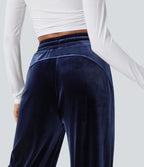 Pantalon décontracté large en velours, taille haute, avec cordon et poches