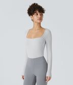 Bodysuit de Travail Tricot Côtelé Col Carré Manches Longues Boutonné Silhouette Élancée