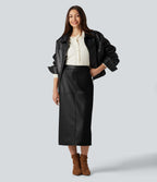 Jupe crayon midi habillée taille haute en simili cuir doublé polaire avec fermeture éclair invisible et fente