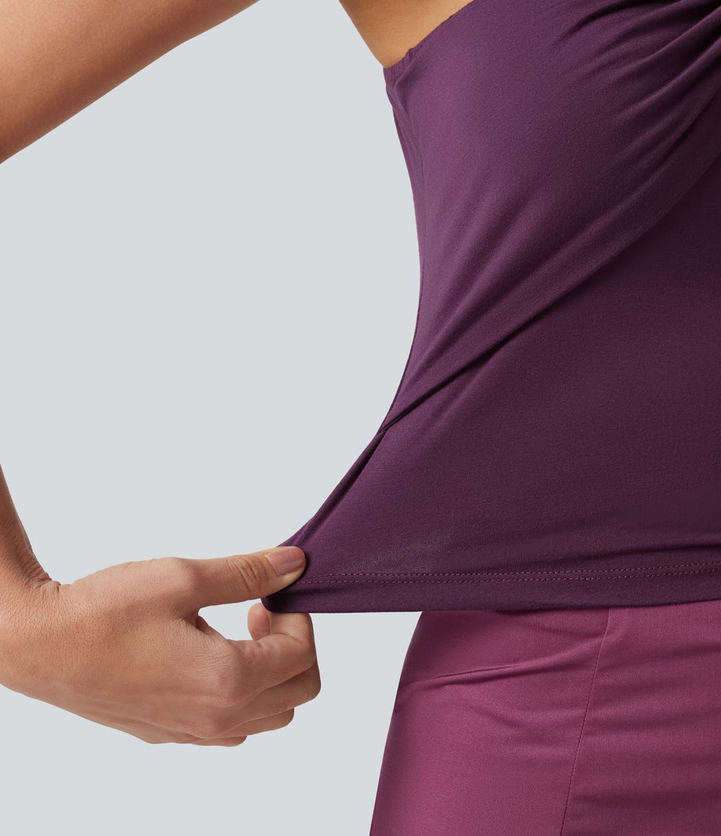 Top casual froncé torsadé sans manches à épaules dénudées