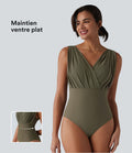 Maillot de bain une pièce col V sans manches ventre plat soutien-gorge intégré