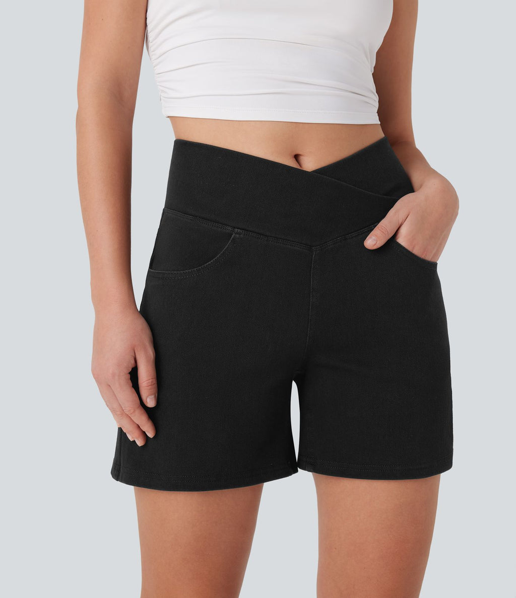 Halara Flex™ Short décontracté évasé à jambe large en denim extensible délavé taille haute croisée avec poches multiples