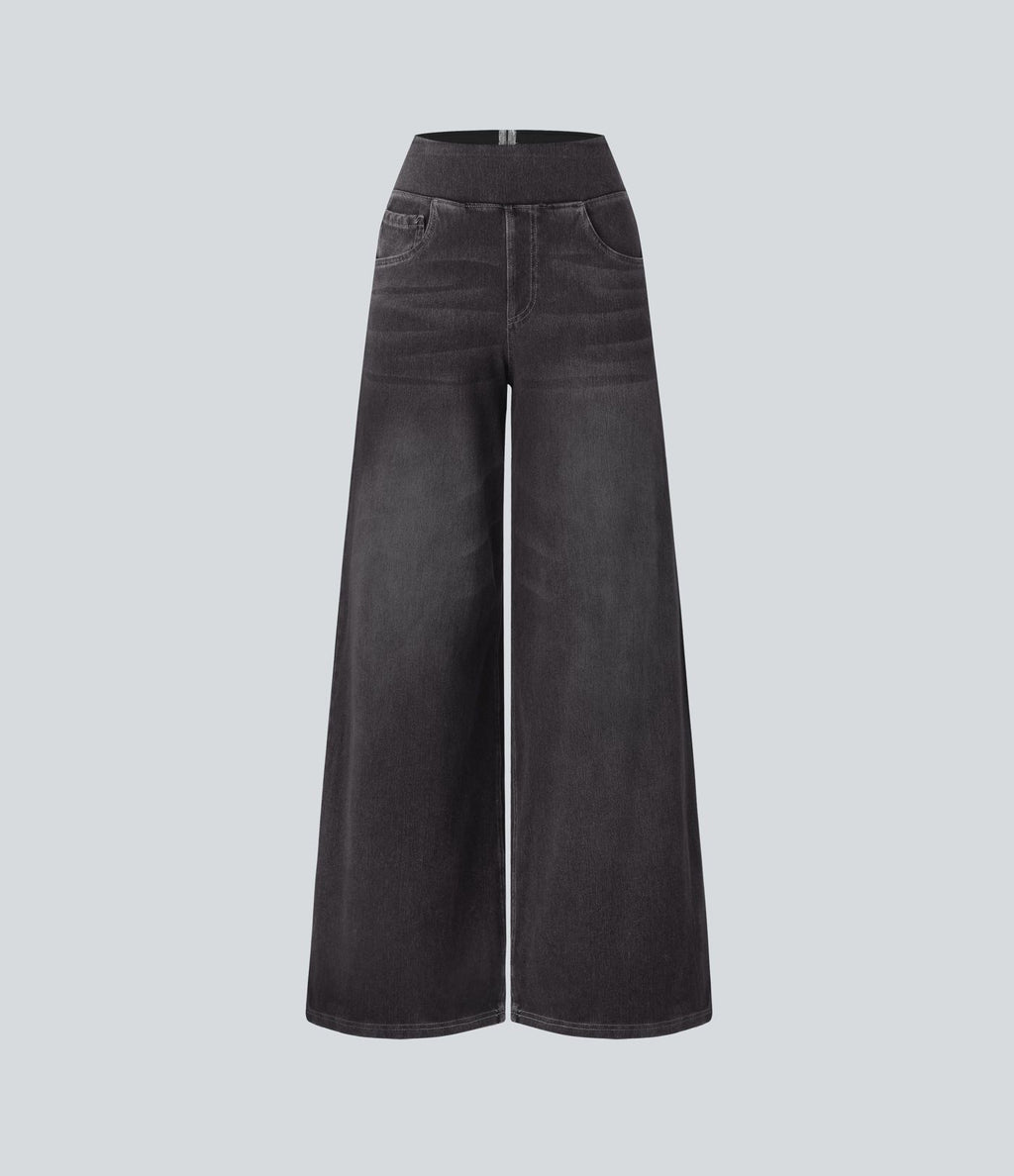 Halara Flex™ Jean Large Casual Taille Haute Poches Multiples Tricot Extensible Délavé