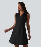Robe de bureau mini en popeline stretch plissée col V sans manches avec fermeture éclair invisible et poches