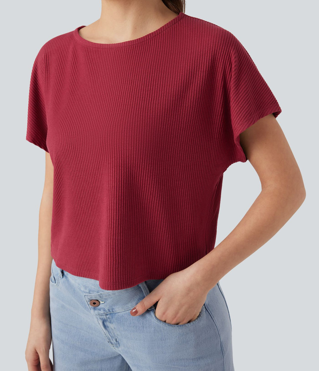 T-shirt décontracté maille côtelée manches chauve-souris coupe décontractée