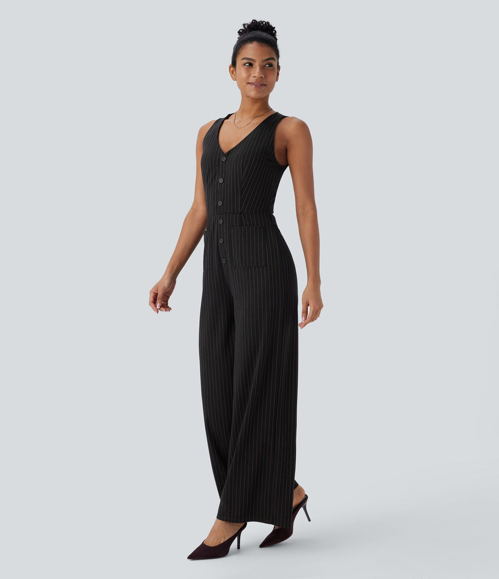 Combinaison tailleur rayée à jambes larges, décolleté en V, découpe et poches