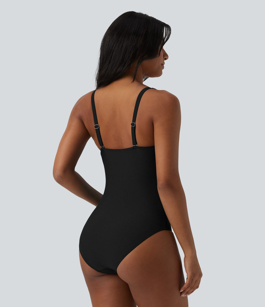 Maillot de bain une pièce gainant push-up col Queen Anne bretelles ajustables torsadé froncé