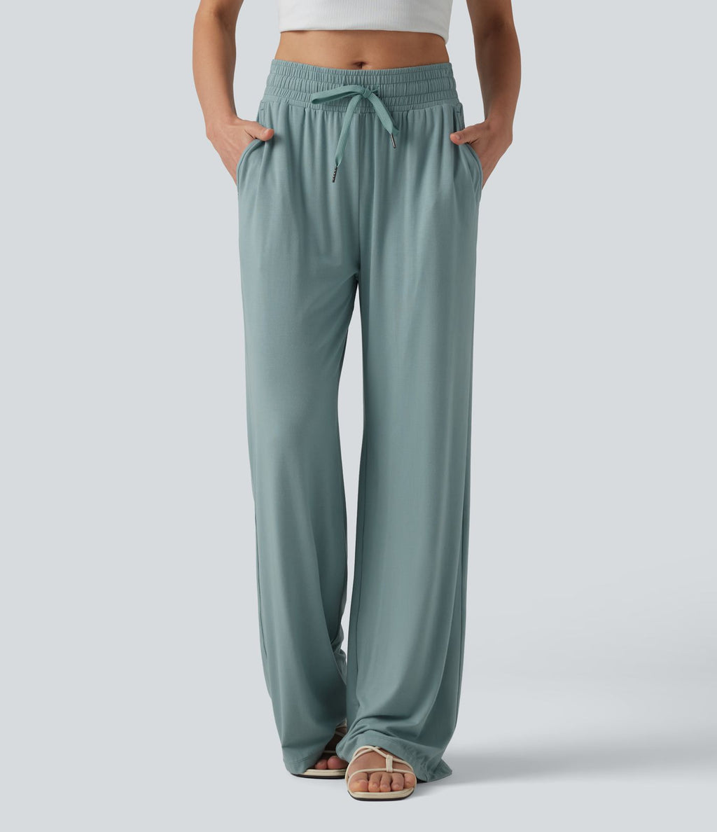 Pantalon large décontracté taille mi-haute avec cordon de serrage et poches