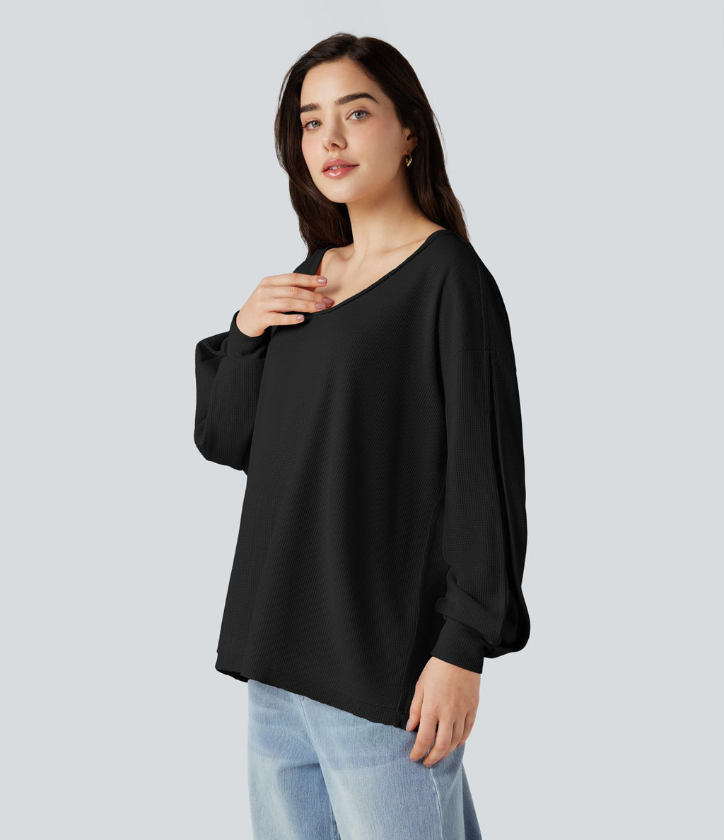 Sweat-shirt gaufré col échancré manches longues
