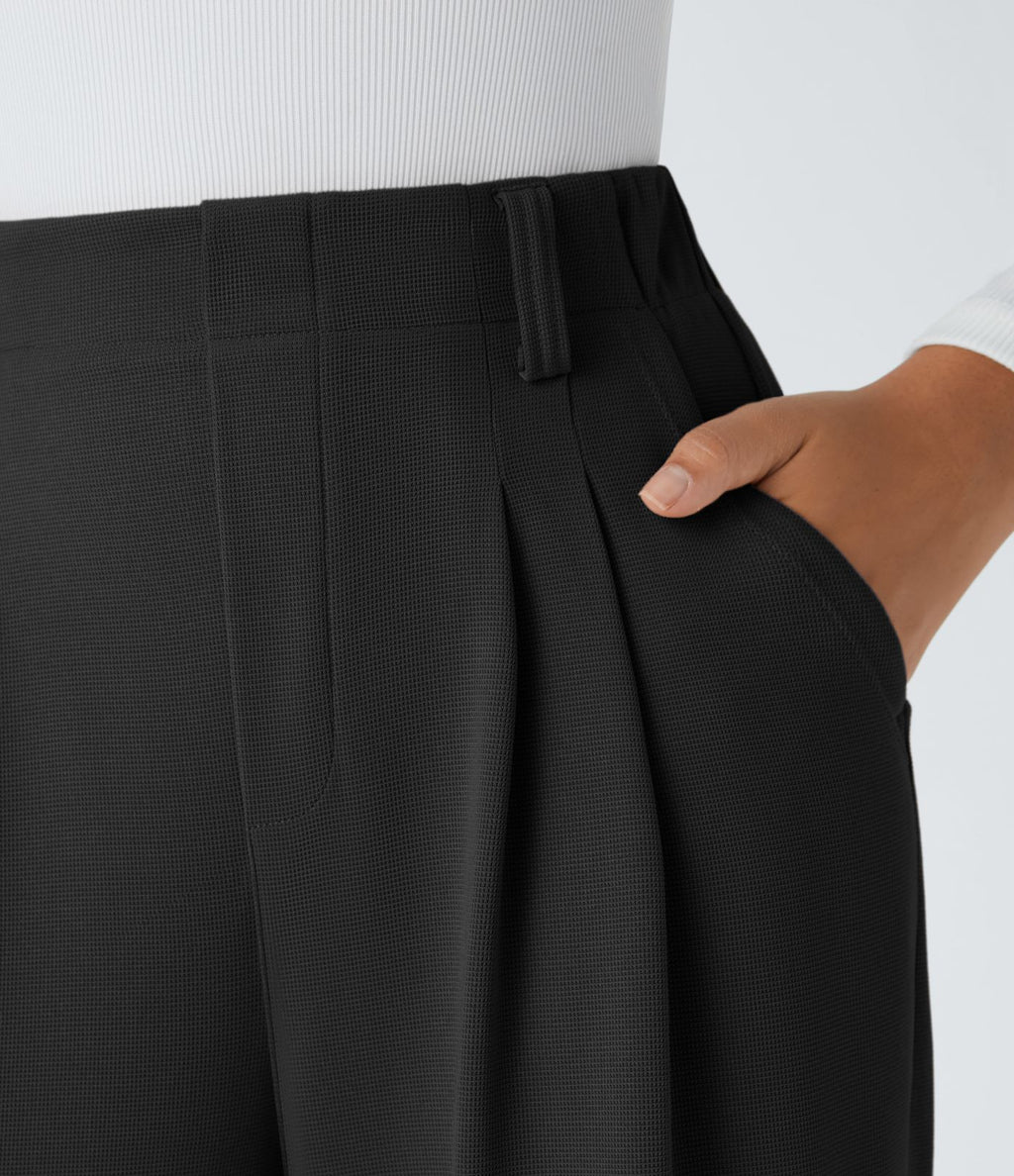 Halara Flex™ Pantalon Tailleur en tissu gaufré à taille haute, jambes larges, plis et poches latérales