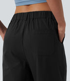 Pantalon casual fuselé 7/8 taille mi-haute plissé en popeline extensible à ourlet retroussé avec poches