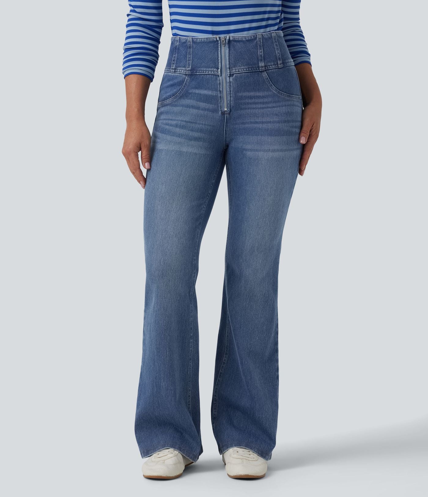 Jean évasé décontracté Halara Flex™ gainant taille mi-haute demi-zip avec poches