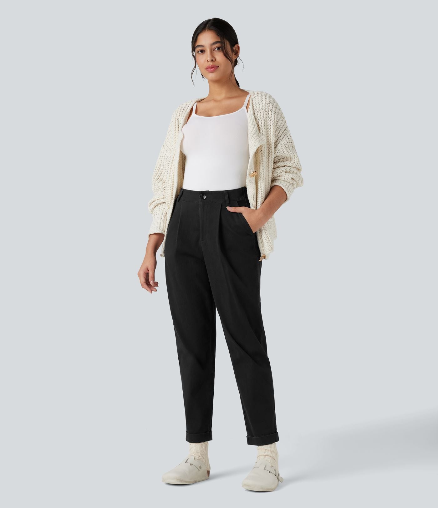 Pantalon chino coton fuselé taille haute avec poches