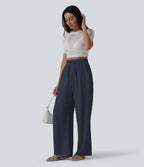 Pantalon casual large mélange lin taille haute avec cordon de serrage et poches