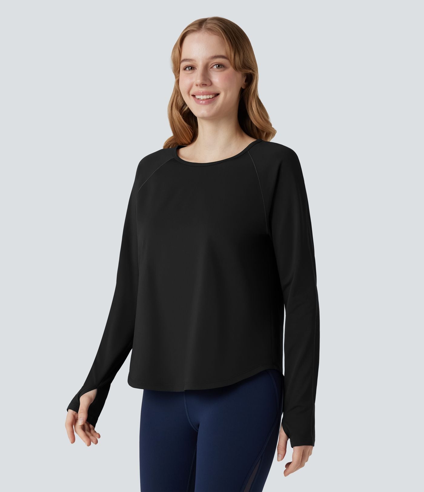 Top de sport col rond mesh contrastant manches longues avec trous pouces