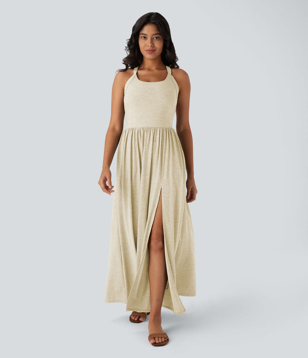 Robe longue fluide fendue avec poches latérales, dos nu et effet torsadé