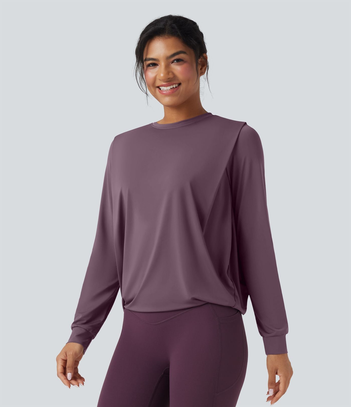 Haut de sport yoga col rond manches longues froncé - UPF50+