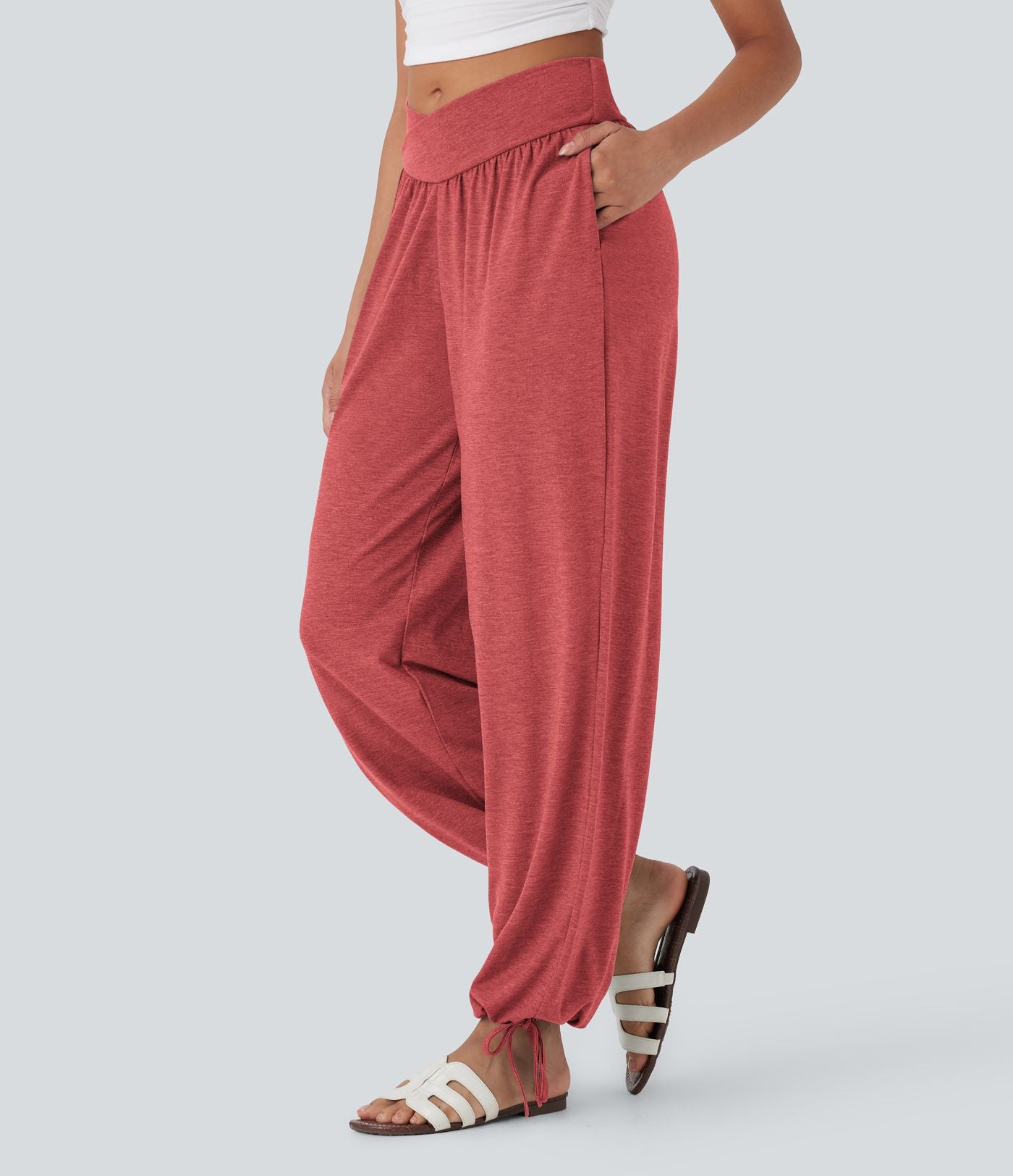 Pantalon de jogging décontracté à taille haute croisée avec poches latérales et cordon de serrage