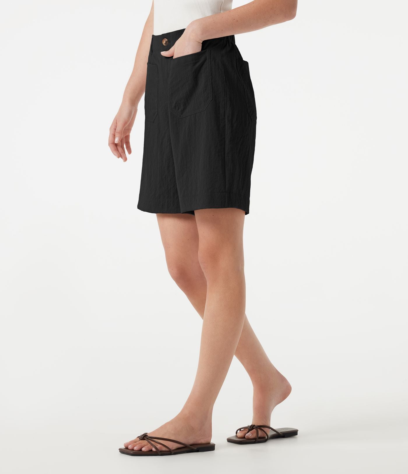 Short casual taille haute toucher lin 17,5 cm avec poches