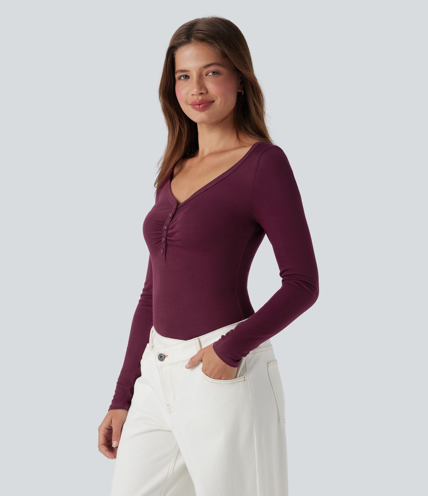Haut casual côtelé col henley manches longues